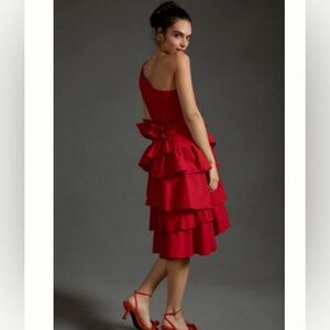 Anthropologie one shoulder ruffled tiered, cotton dress red size 12